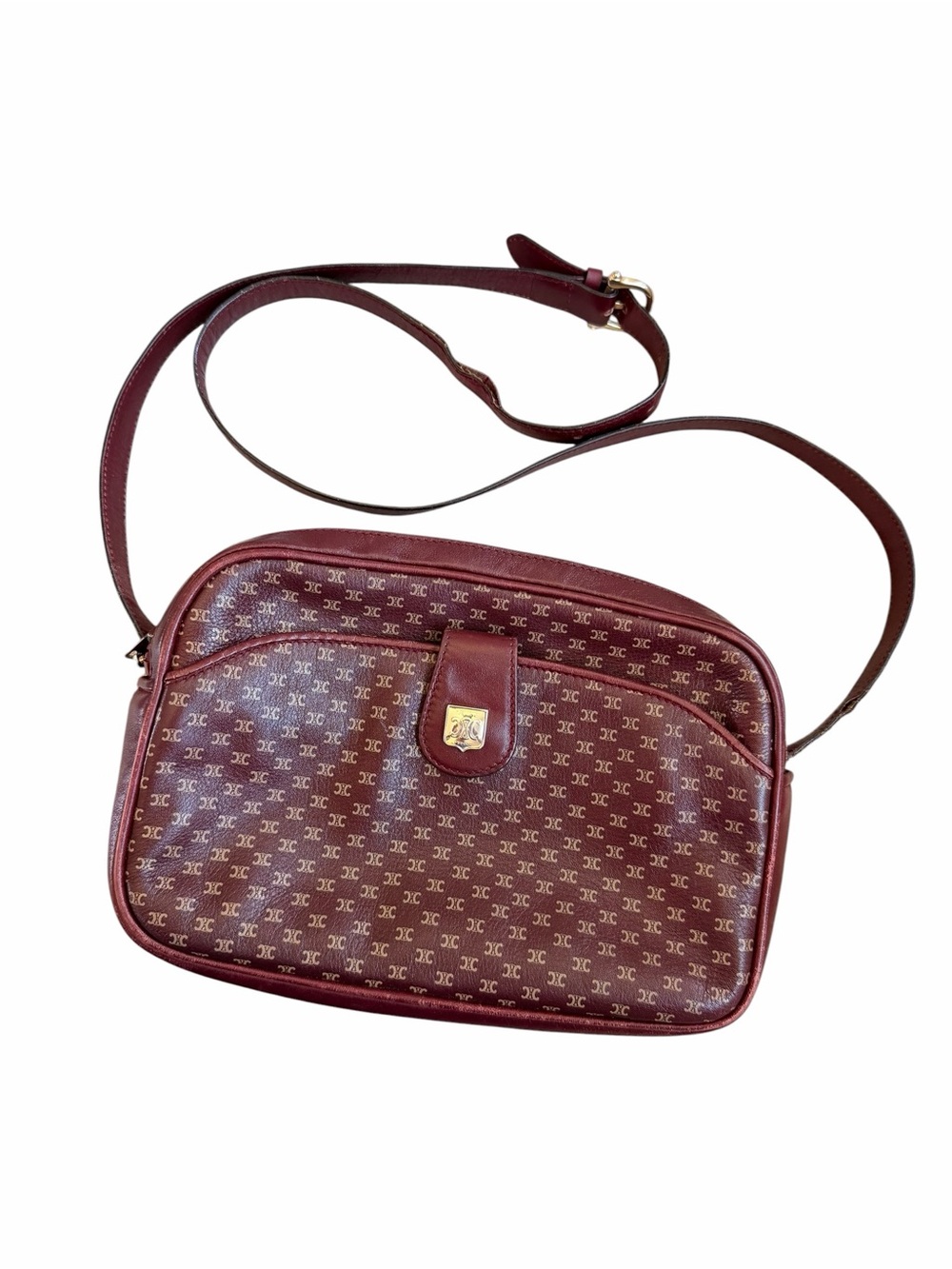 Vintage Celine Burgundy Monogram Crossbody with Gold Accent